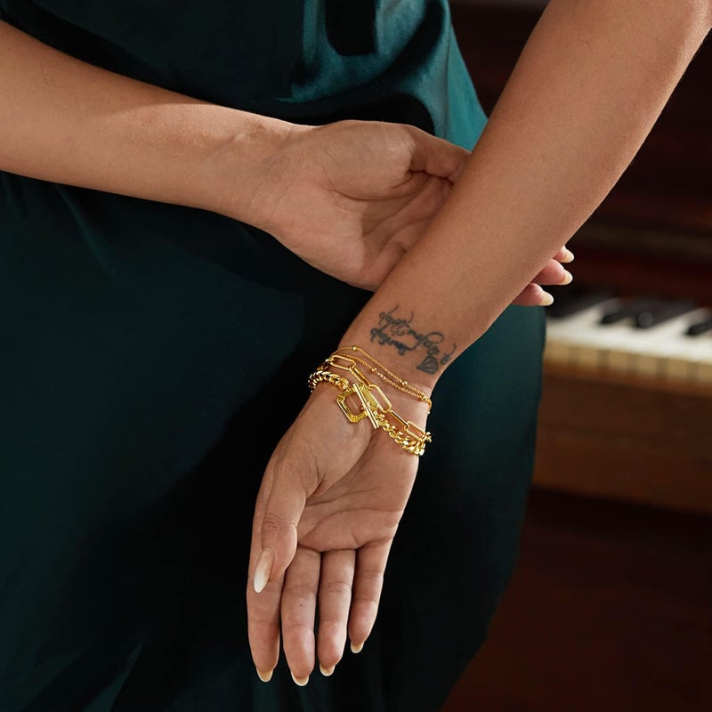 FRUMOS Dainty Layering Bracelets for Women 18 k Gold Plated Fashion Adjustable Chunky Cuban Paperclip Link Chain Bracelets Jewelry for Women Gift - Image 4